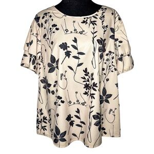 Women’s 3X Floral Blouse Beige Black Tiered Sleeve Office Workwear Plus Top